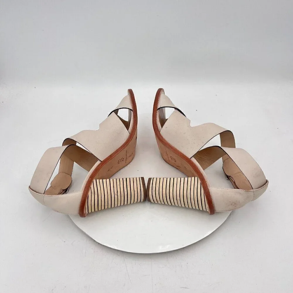 Loeffler Randall Women Size 10B Cream Beige Leather Peep Toe Buckle Heel Sandal